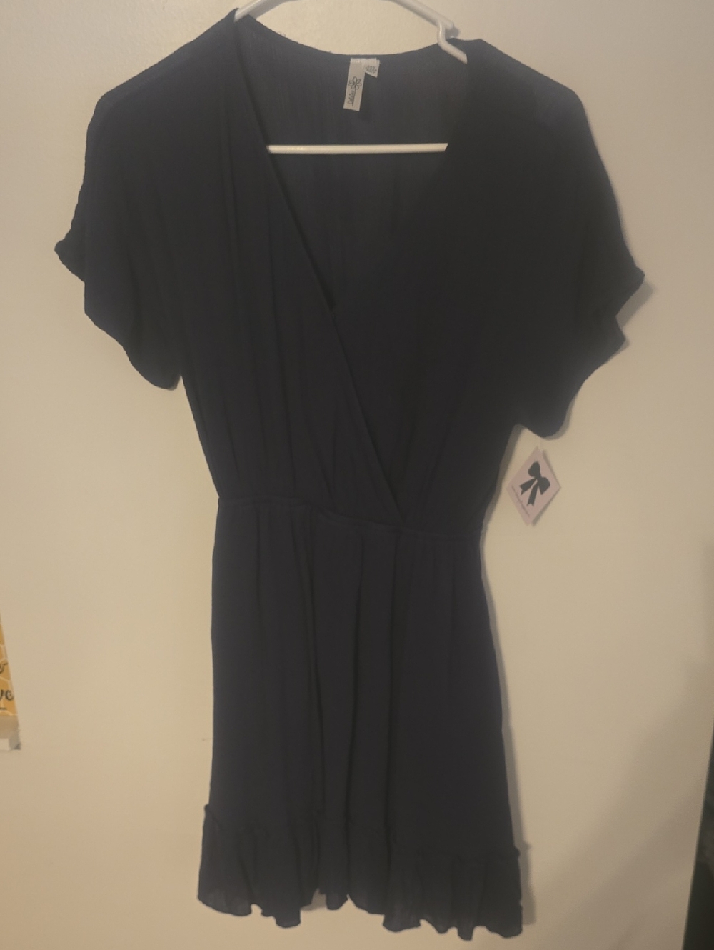 Navy Short Sleeve Surplice Ruffle Hem Dress